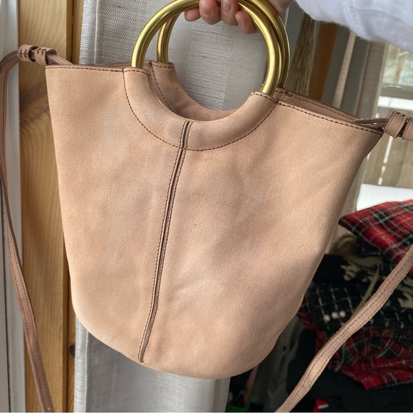 J Crew Blush Pink Suede Bracelet Bucket Crossbody Gold Italian Leather Frankie - Picture 13 of 16